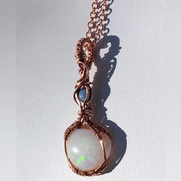 Mystical Opal Amulet Necklace Artisan Copper Wire Wrap With Dainty Chain - Picture 14 of 15